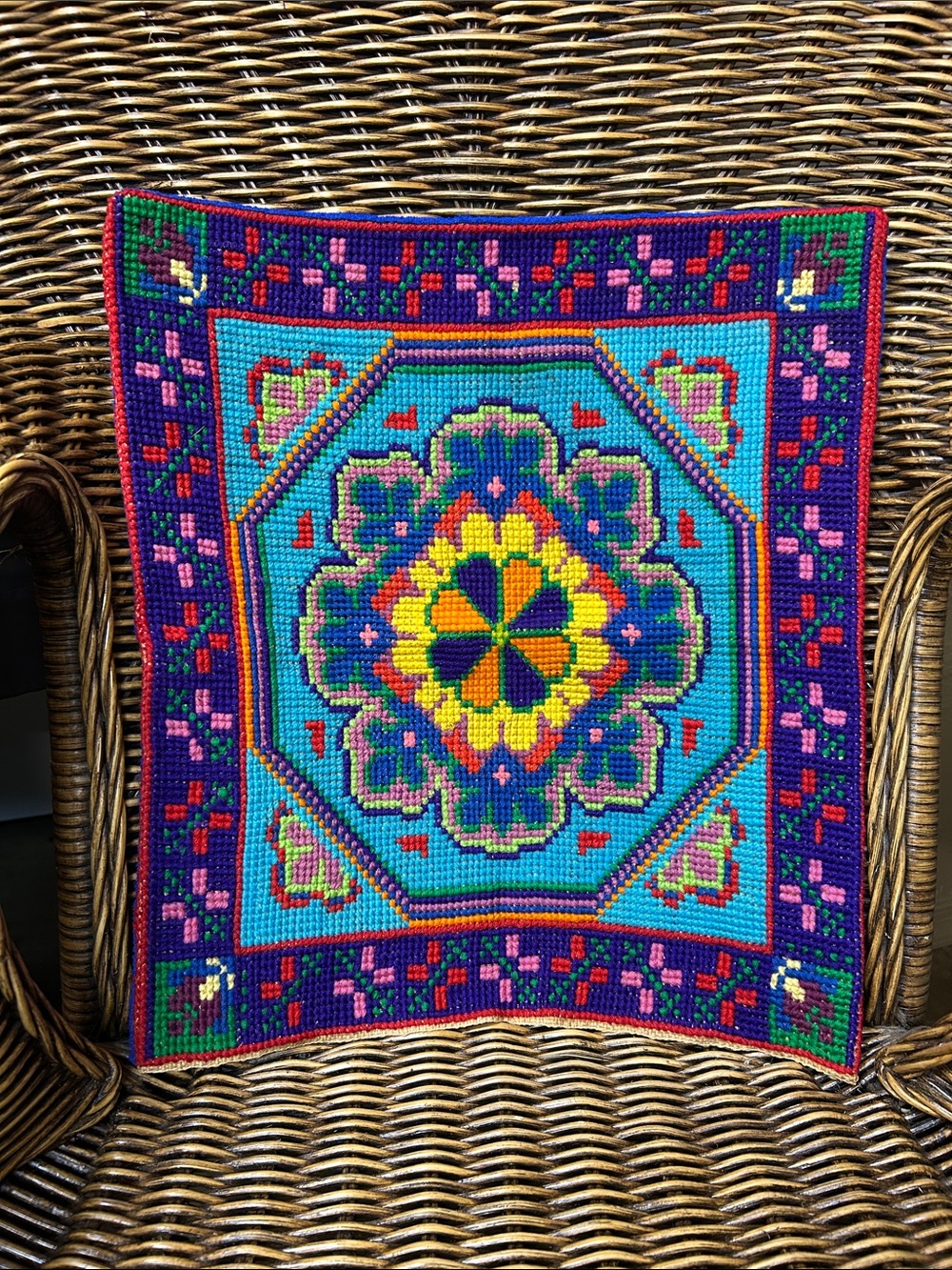 Vintage Ukrainian Multicolor Floral Needlepoint Pillowcase Turquoise, Purple